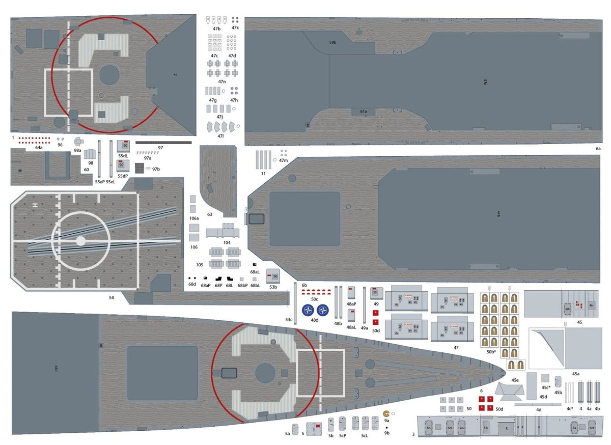A flat layout sheet of model kit decals or model parts arranged in a grid, with large gray ship-like sections and many small white labels or accessories. Two areas are circled in red, highlighting specific sections of the layout.