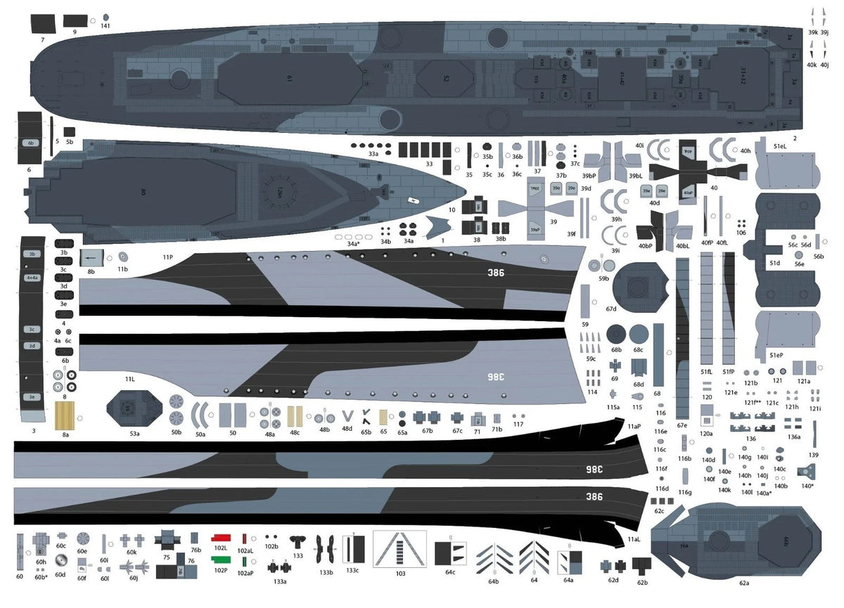 A flat lay sheet of model boat decal stickers showing various gray, black, and white camouflage patterns and markings for a military vessel, laid out on a white background.