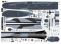 A flat lay sheet of model boat decal stickers showing various gray, black, and white camouflage patterns and markings for a military vessel, laid out on a white background.