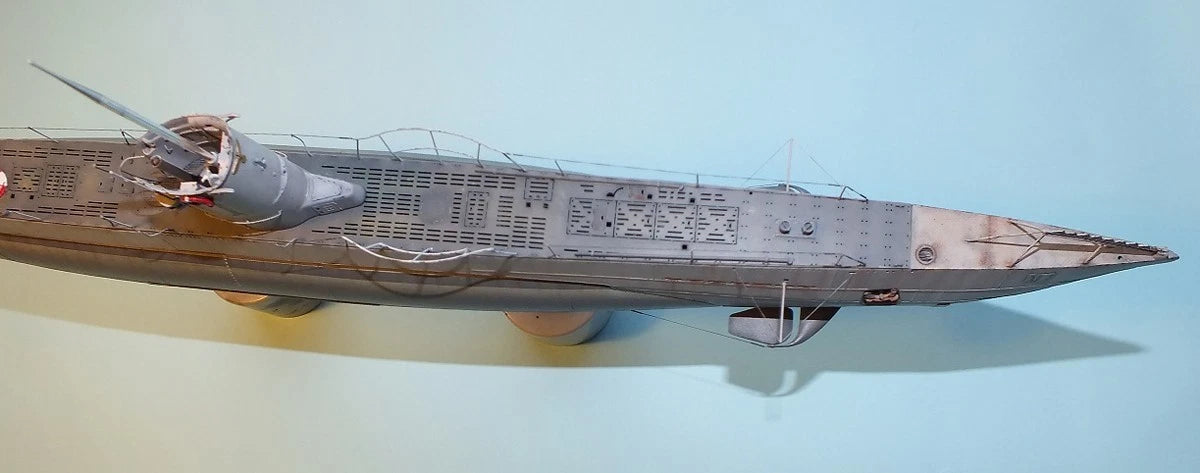 Photo of 1:72 scale photo-etched brass upgrade set for German U-Boat Type IIA, showing deck and conning tower detailing parts.