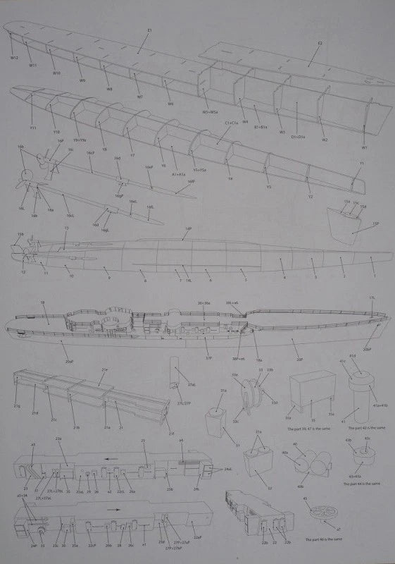 A technical line drawing schematic of a long boat or vessel, showing multiple perspective views with labeled parts on a white background.