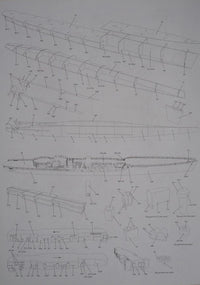 A technical line drawing schematic of a long boat or vessel, showing multiple perspective views with labeled parts on a white background.
