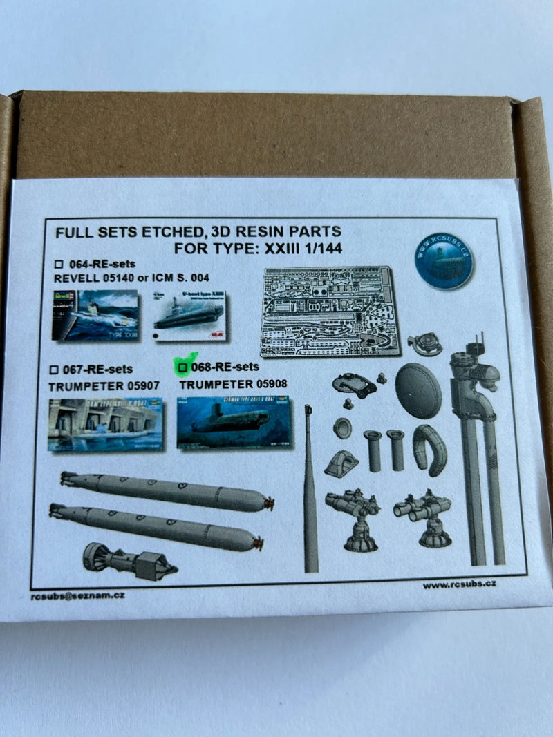 Photo of 1:144 scale German U-Boat Type XXIII detail set with photo-etched and 3D-printed resin parts for Trumpeter 05908 submarine model