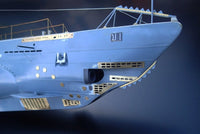 Photo of 1:72 scale photo-etched brass upgrade set for German U-Boat Type IIA, showing deck and conning tower detailing parts.