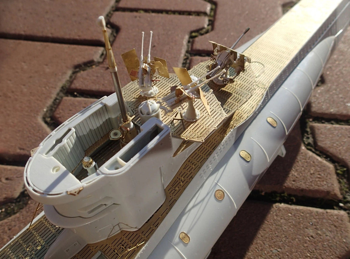 Photo of photo-etched brass upgrade parts for 1:72 scale German U-Boat Type VIIC41 model, designed for Revell 05045 kit