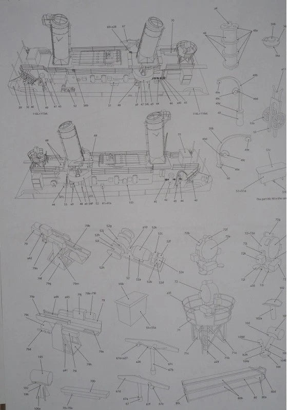 A technical line drawing diagram on a white sheet showing multiple views of a model ship or boat assembly with labeled parts and assembly references.