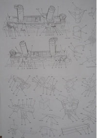 A technical line drawing diagram on a white sheet showing multiple views of a model ship or boat assembly with labeled parts and assembly references.