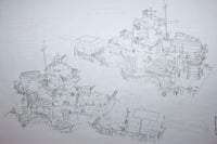 A monochrome architectural sketch or technical illustration showing two detailed building or structure designs on a white background.