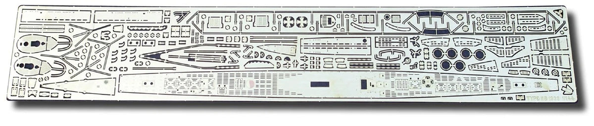 Photo of photo-etched brass parts upgrade set for German U-Boat Type IIB 1:144 scale by Revell and ICM, featuring railings, ladders, and deck details.