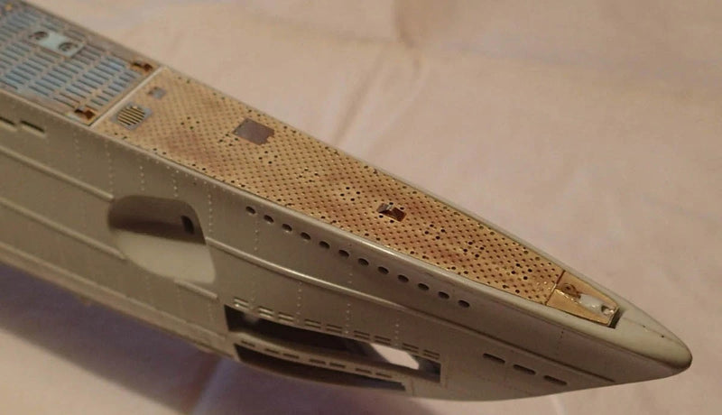 Photo of photo-etched brass upgrade parts for 1:72 scale German U-Boat Type VIIC41 model, designed for Revell 05045 kit