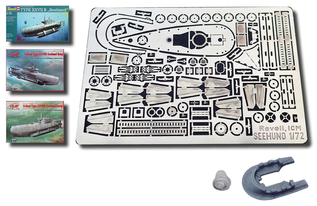 Photo of 1:72 scale photo-etched brass parts set for U-Boat Type XXVII B Seehund (Revell 05125, ICM S.006/S.007)