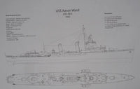 A black-and-white technical line drawing of the USS Aaron Ward (DD-483) showing side, top, and bottom views with printed specifications and annotations on a white background.