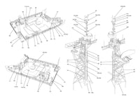Technical line drawing showing multiple isometric views of a tall offshore platform or tower structure with labeled parts on a white background.