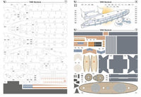 A printed model kit sheet set for the USS Kearsuk, showing multiple layout pages with decals, templates, and assembly guidance on a white background.