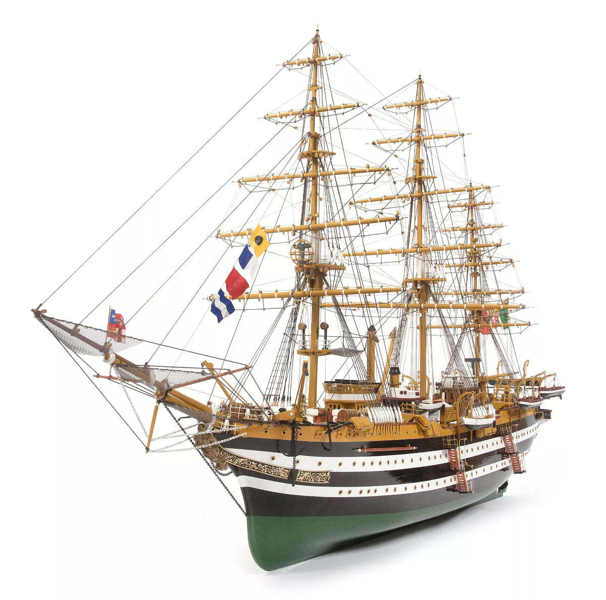 Photo of OcCre Amerigo Vespucci 1:100 wooden model ship kit without sails, showing detailed hull and brass photo-etch parts.