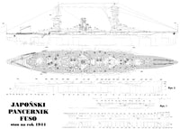 Photo of IJN Fuso 1:200 scale card model kit by Angraf Publishing showing detailed printed parts and packaging.