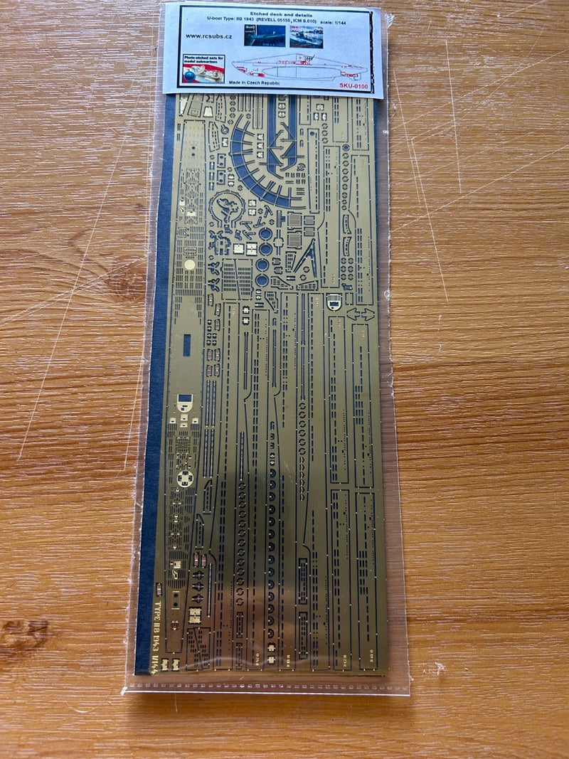 Photo of photo-etched brass upgrade parts for German U-Boat Type IIB model in 1:144 scale, compatible with Revell 05155 and ICM S.010 kits