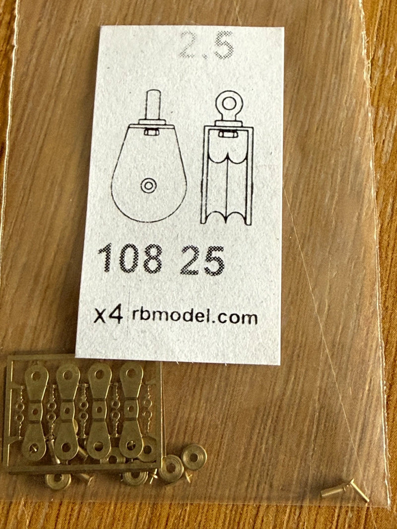 Photo of RB Model 10830 brass double sheave block for ship models, 5.9mm size, pack of 4
