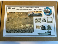 Photo of photo-etched brass detail set for German U-Boat Type XXIII in 1:72 scale, showing deck, railings, and conning tower parts.