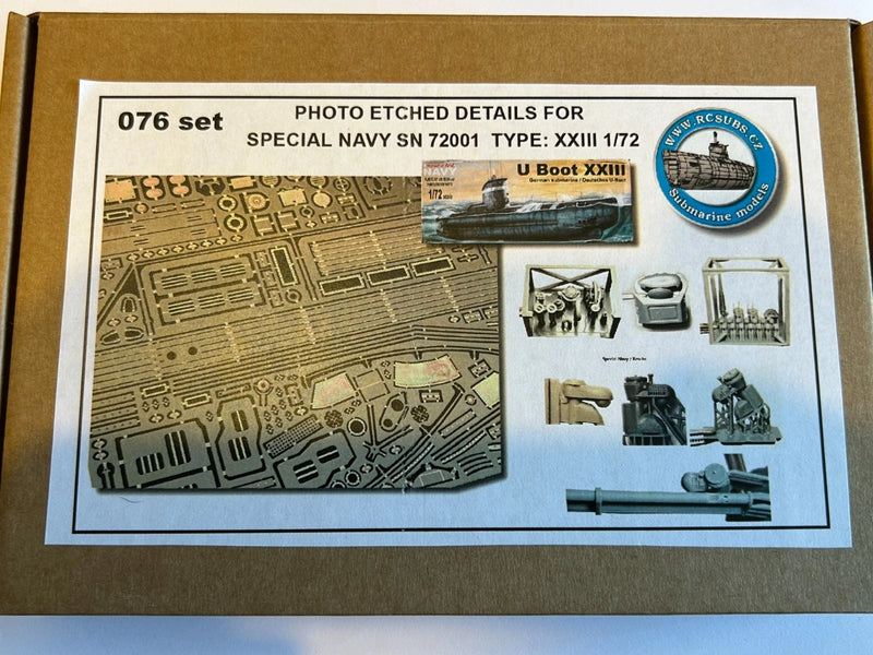 Photo of photo-etched brass detail set for German U-Boat Type XXIII in 1:72 scale, showing deck, railings, and conning tower parts.