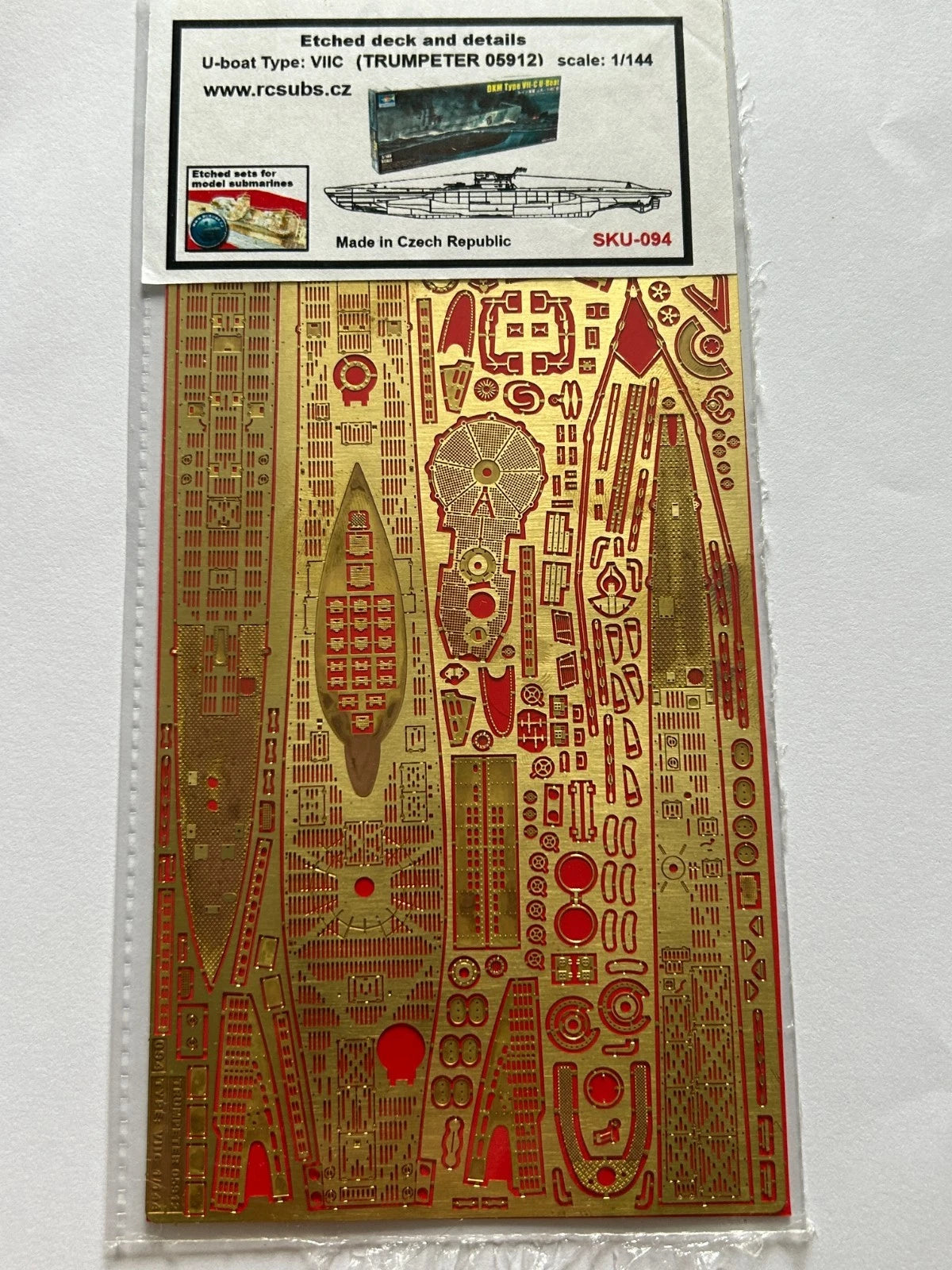 Photo of high-quality photo-etched brass detail set for German U-Boat Type VIIC 1:144 scale (Trumpeter 05912), including deck and tower components.
