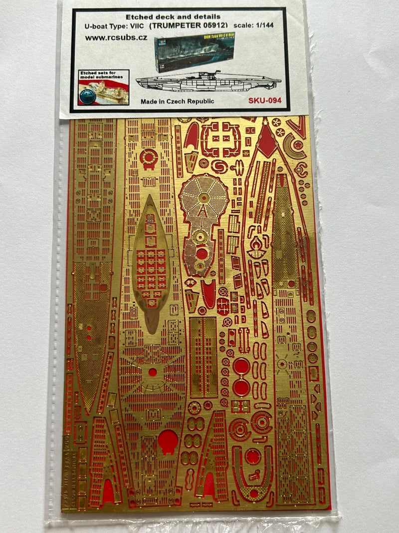 Photo of high-quality photo-etched brass detail set for German U-Boat Type VIIC 1:144 scale (Trumpeter 05912), including deck and tower components.