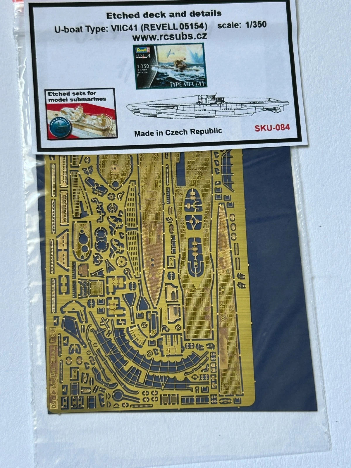Photo of finely detailed photo-etched brass parts for German U-Boat Type VIIC/41 1:350 scale, designed for Revell 05154.
