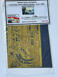 Photo of finely detailed photo-etched brass parts for German U-Boat Type VIIC/41 1:350 scale, designed for Revell 05154.