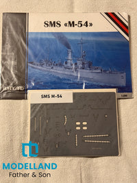 Model kit packaging and decal sheet for SMS M-54, displayed on a beige fabric background. The image includes a 'MODELLAND Father & Son' watermark overlay.