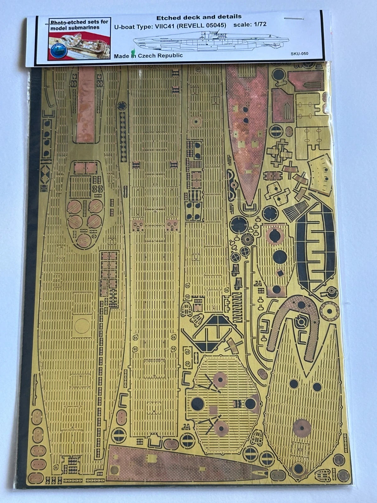 Photo of photo-etched brass upgrade parts for 1:72 scale German U-Boat Type VIIC41 model, designed for Revell 05045 kit