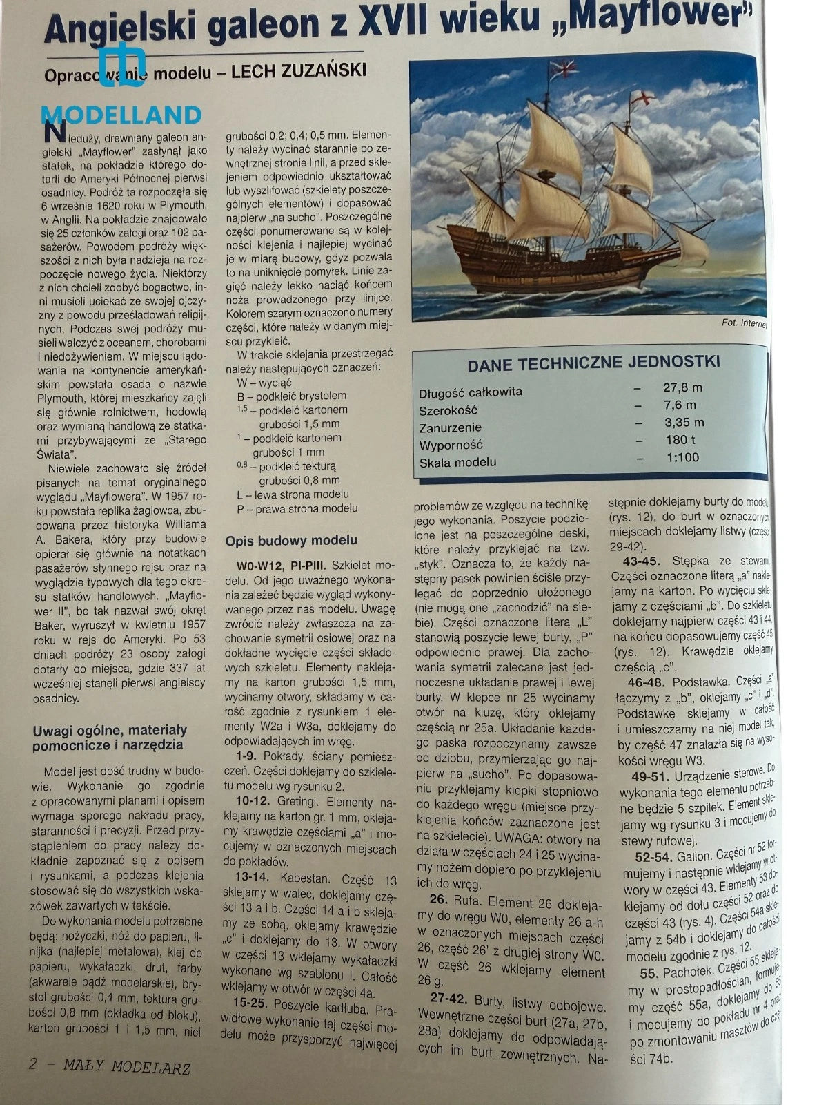 Photo of Mayflower sailing ship card model 1:100 scale from Mały Modelarz 1-2-3/2023 with printed parts and assembly instructions