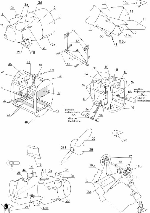 A black-and-white technical schematic diagram showing multiple views of a small aircraft or model airplane assembly with labeled parts and assembly relationships on a white background.