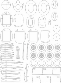 A black-and-white sheet of paper filled with many outlined template pieces and small labeled cutout shapes, arranged in rows and columns. This appears to be a technical template or pattern sheet rather than a photographed physical product in use.