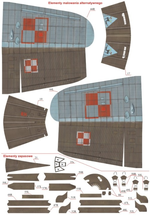 A flat lay sheet of paper model kit parts with printed cutouts, labels, and assembly guidance in Polish, including a large wing panel, smaller wing sections, struts, and decals.
