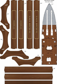 A flat lay of wood veneer sheet templates for a boat's trim and rail panels, featuring wood grain patterns in brown and gold lines, with a sheet of gray and brown interior trim pieces on the right.