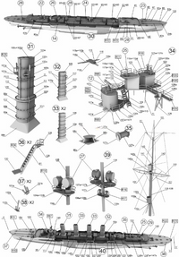 A black and white technical schematic sheet showing multiple labeled parts of a model ship or submarine assembly, with numbered callouts and assembly relationships on a white background.