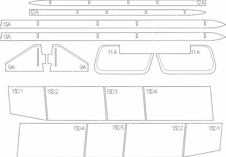 Black and white line drawing showing multiple flat panel shapes with printed alphanumeric labels such as 12, 12A, 13A, 9A, 11A, and 13D1 through 13D4, likely a parts or template sheet.