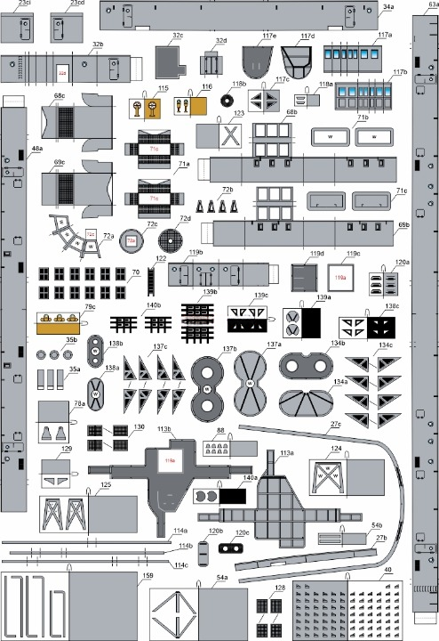 A detailed sheet of small gray and black molded parts with many numbered decals or components, laid out on a white background.