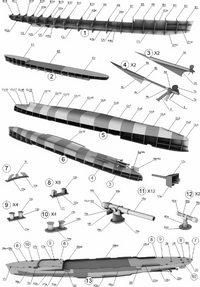 A black and white technical schematic diagram showing multiple views of a long, narrow boat or hull section with labeled parts, assembly components, and numbered callouts on a white background.