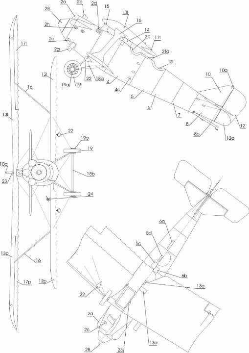 Technical line drawing of an airplane with multiple labeled views and callouts, shown on a plain white background.
