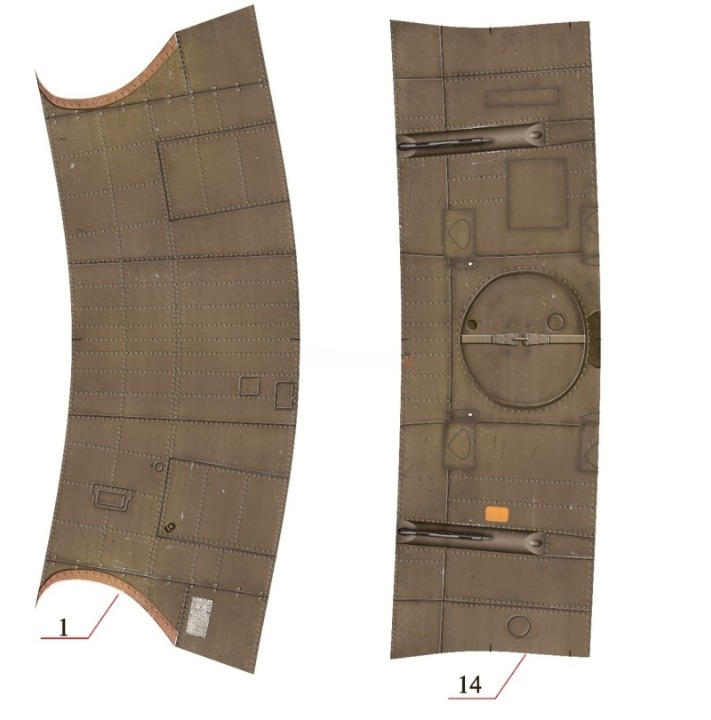 Two curved brown fabric panels with printed seam and panel details, shown on a white background with red numbered callouts 1 and 14.