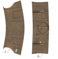 Two curved brown fabric panels with printed seam and panel details, shown on a white background with red numbered callouts 1 and 14.