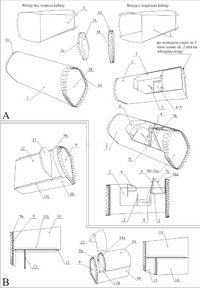 Technical line drawing diagram showing multiple labeled cross-sections and assembly views of a cable guard or protective housing component, with Polish text and numbered callouts on a white background.