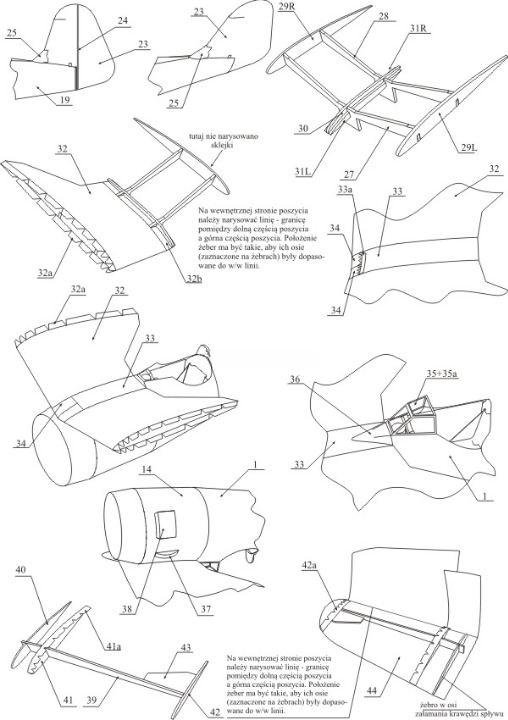 A black-and-white technical line drawing sheet showing multiple labeled views of a small boat or vessel, with callouts, dimensions, and descriptive text in Polish. This is not a clean product photo or lifestyle scene; it functions as an explanatory schematic, so subject_type is Instruction Diagram.