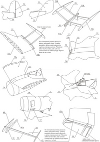 A black-and-white technical line drawing sheet showing multiple labeled views of a small boat or vessel, with callouts, dimensions, and descriptive text in Polish. This is not a clean product photo or lifestyle scene; it functions as an explanatory schematic, so subject_type is Instruction Diagram.