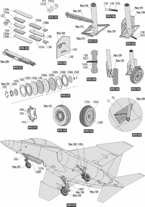 Technical exploded-view assembly diagram of a jet aircraft, showing labeled parts, cross-sections, and a large assembled aircraft view with part callouts on a white background.