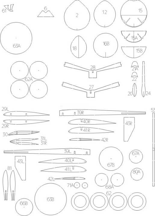 A black and white technical drawing sheet showing multiple circular, oval, and elongated stencil or template shapes with numbers and labels, likely a decal or craft kit parts layout.