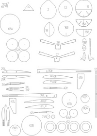 A black and white technical drawing sheet showing multiple circular, oval, and elongated stencil or template shapes with numbers and labels, likely a decal or craft kit parts layout.