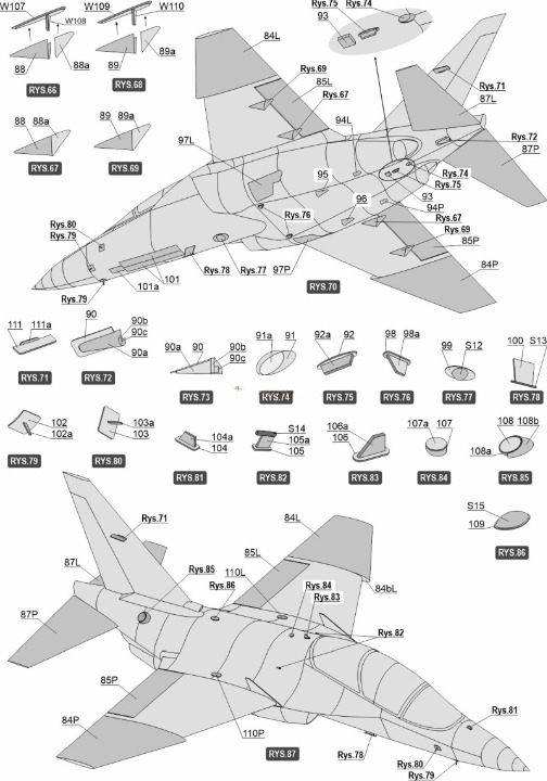 A monochrome exploded-view assembly diagram of a jet aircraft, showing multiple labeled body panels and components arranged around schematic views of the plane.