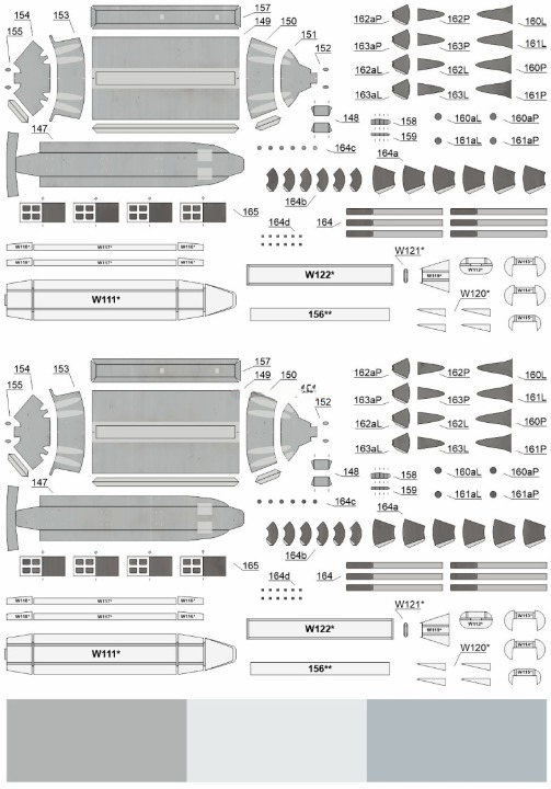 A monochrome technical decal sheet showing multiple small aircraft or model-part decals with labels, part numbers, and outline drawings on a white background.